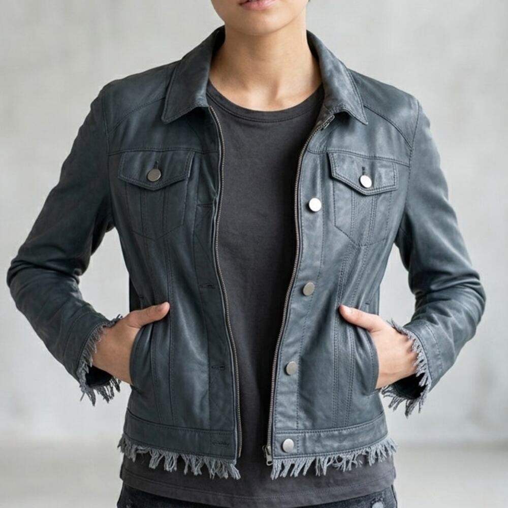 JKT NYC Distressed Charcoal Gray Real Leather Cropped Fringe Jacket S